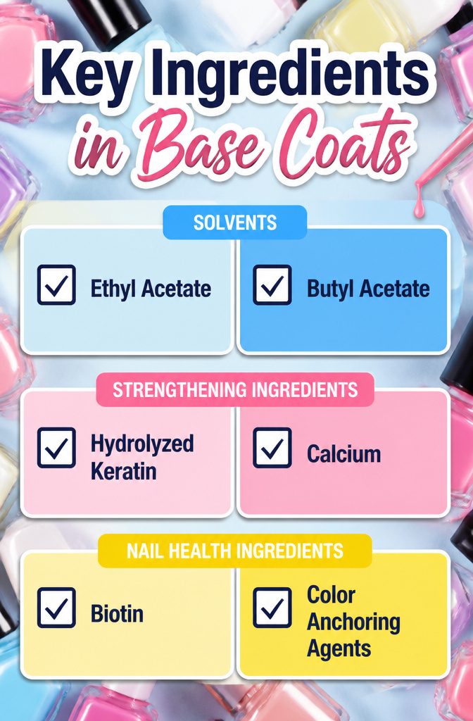 8 Best Nail Polish Base Coats for 2026 11 Graphic displaying key ingredients in nail polish base coats.