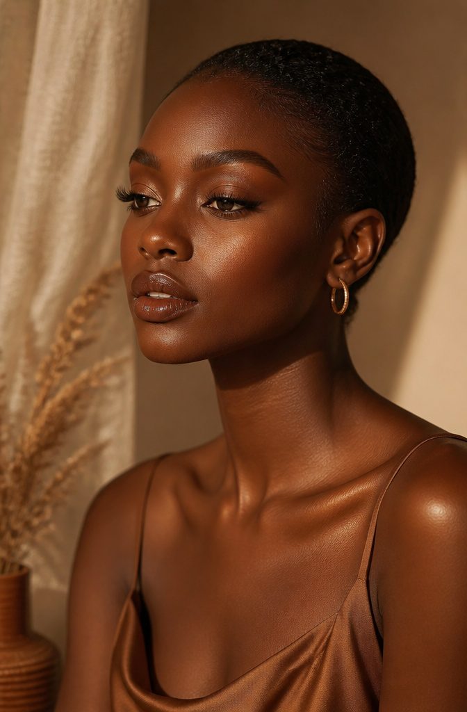 A model with bronzed makeup that matches her skin tone.