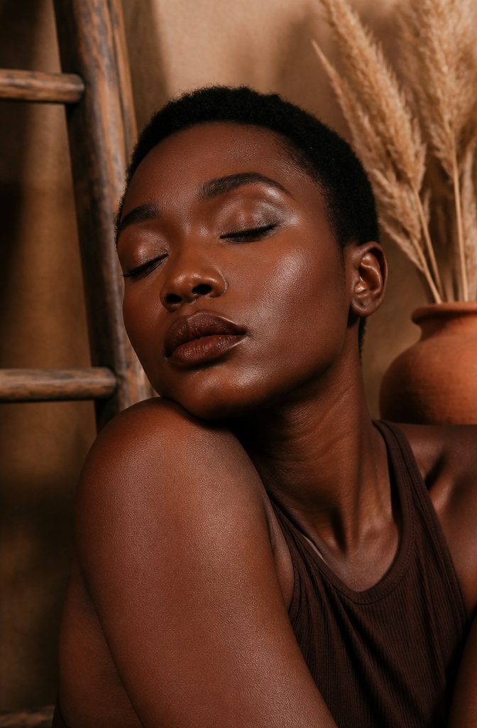 A close-up of a model's lips wearing brown lipstick.