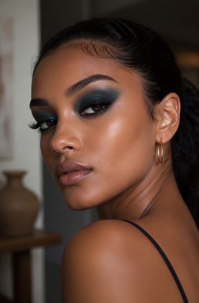 A model with black and teal eyeshadow blending together.