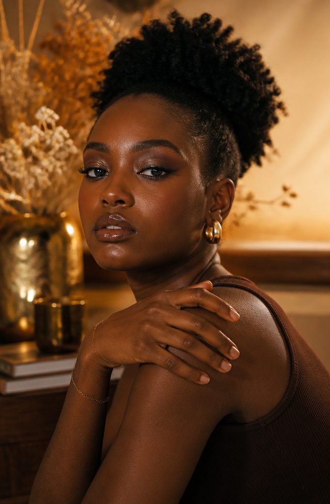 A model with glossy eyeshadow in deep green and brown hues.