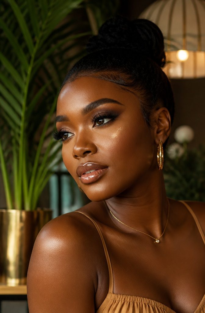A model displaying glowing skin in a natural setting.