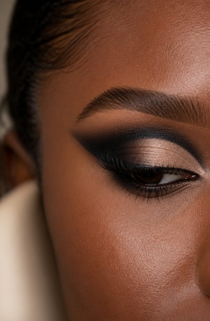 A model displaying a bold inky cut crease makeup.