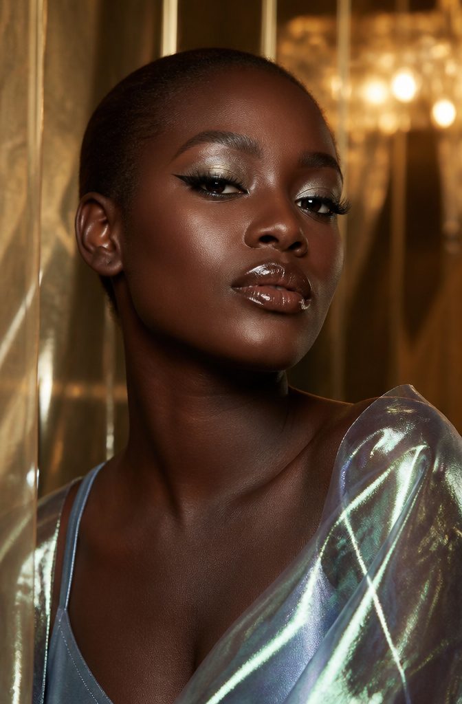 A model showcasing metallic gray eyeshadow and bold eyeliner.