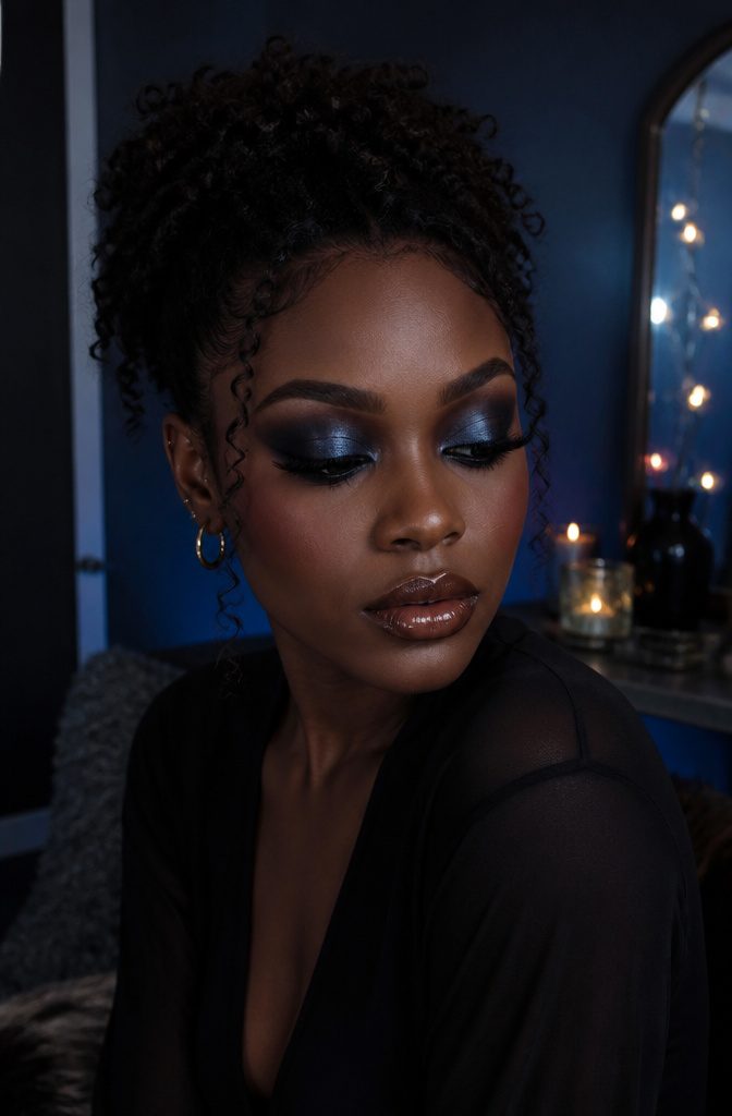 A model with deep blue-black eyeshadow.