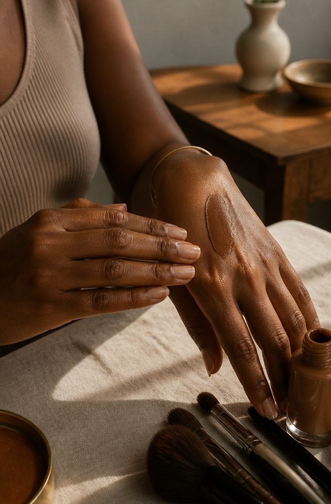 A model's hand applying foundation on deep skin.