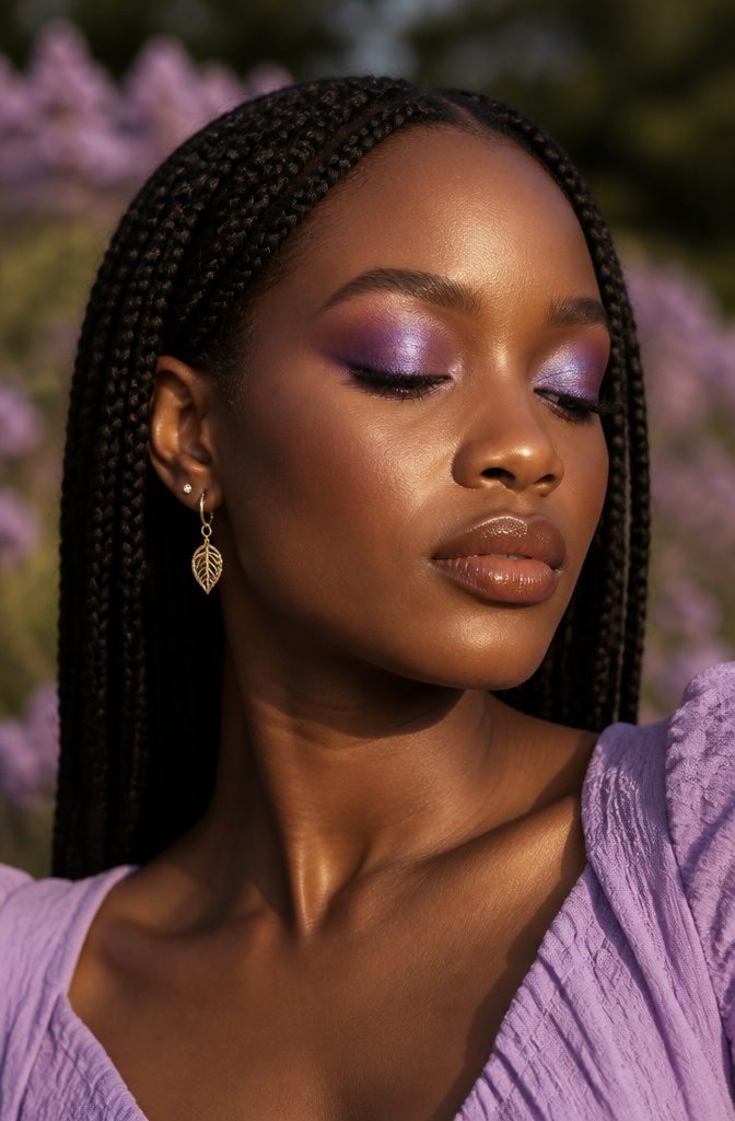 A model showcasing purple eyeshadow in a soft natural setting.