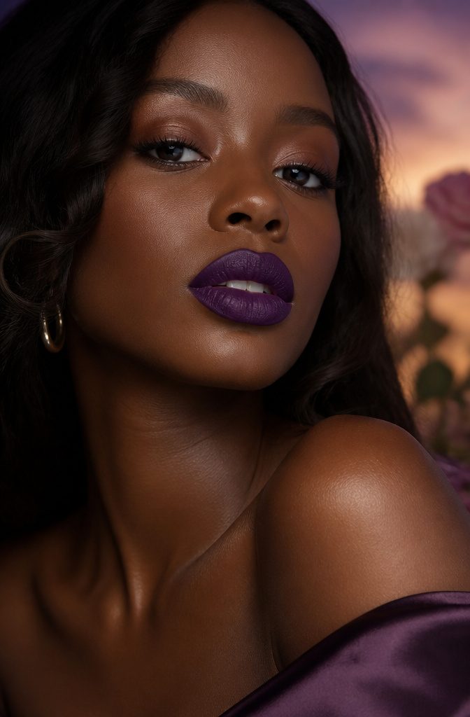 A model with striking purple lip color on dark skin.
