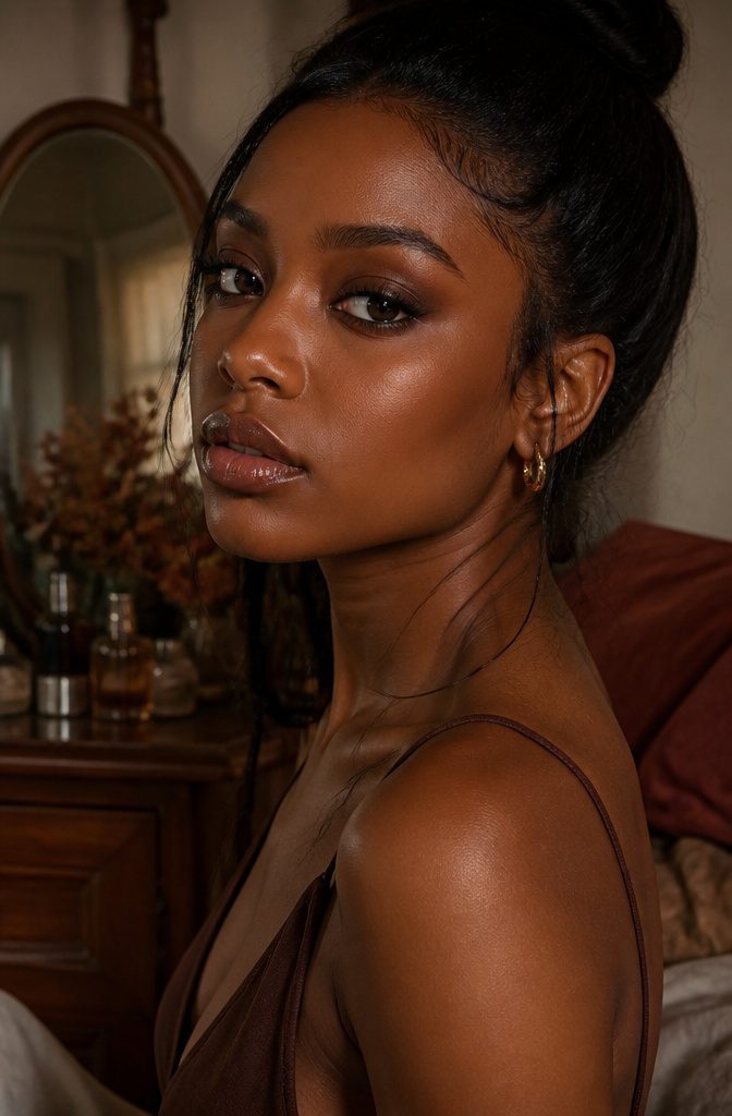 A model with warm brown smoky eye makeup.