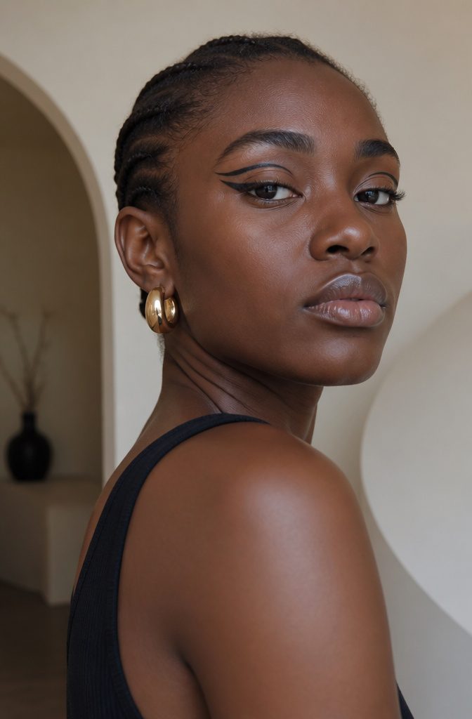 A model showcasing bold graphic eyeliner.