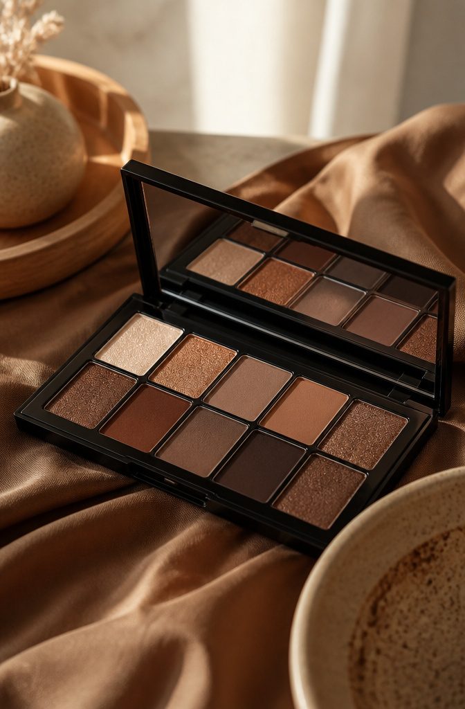 A close-up of a makeup palette with earthy tones.