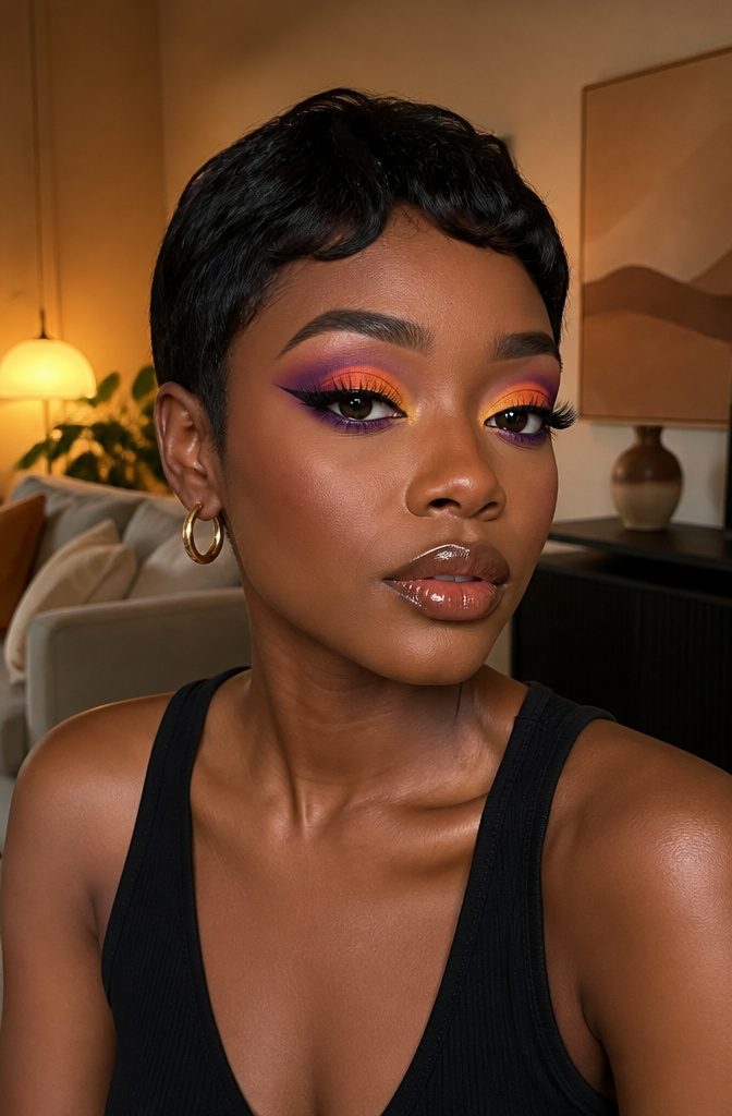 A model with sunset-colored eyeshadow on her eyelids.