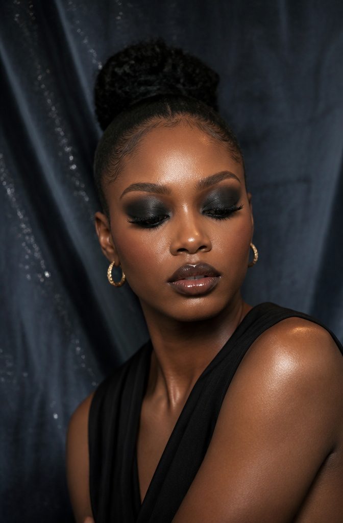 A model with total black eyeshadow from lid to brow.