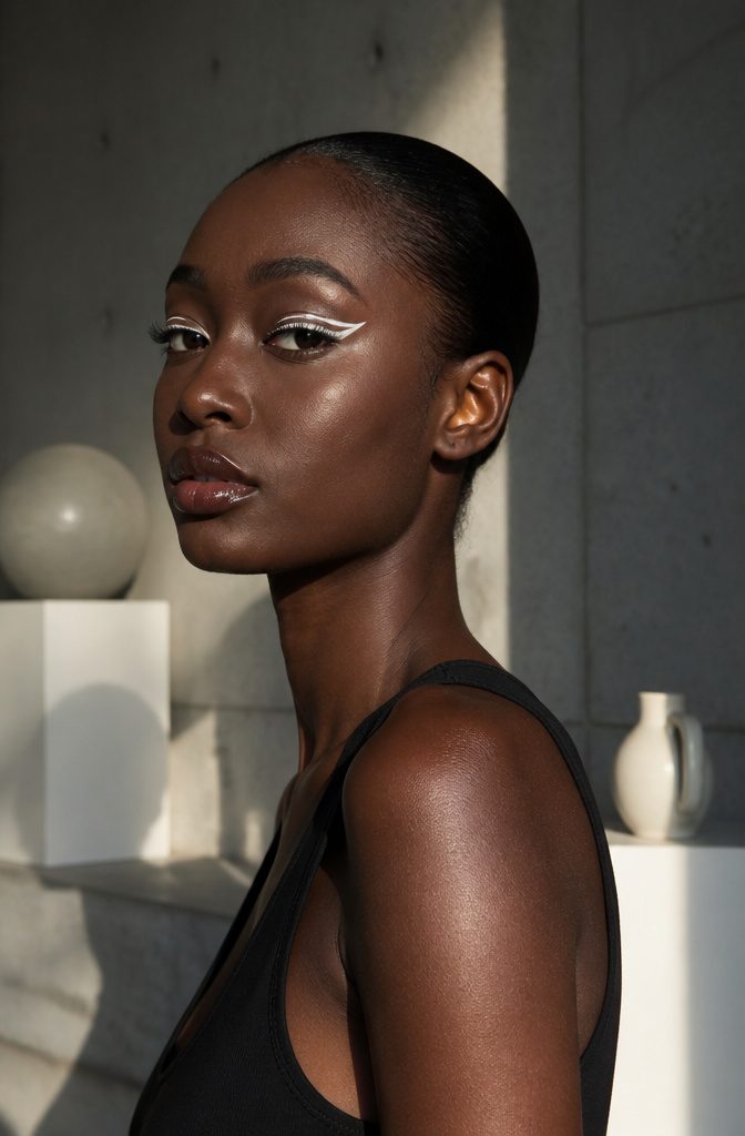 A model with bright white eyeliner framing her eyes.