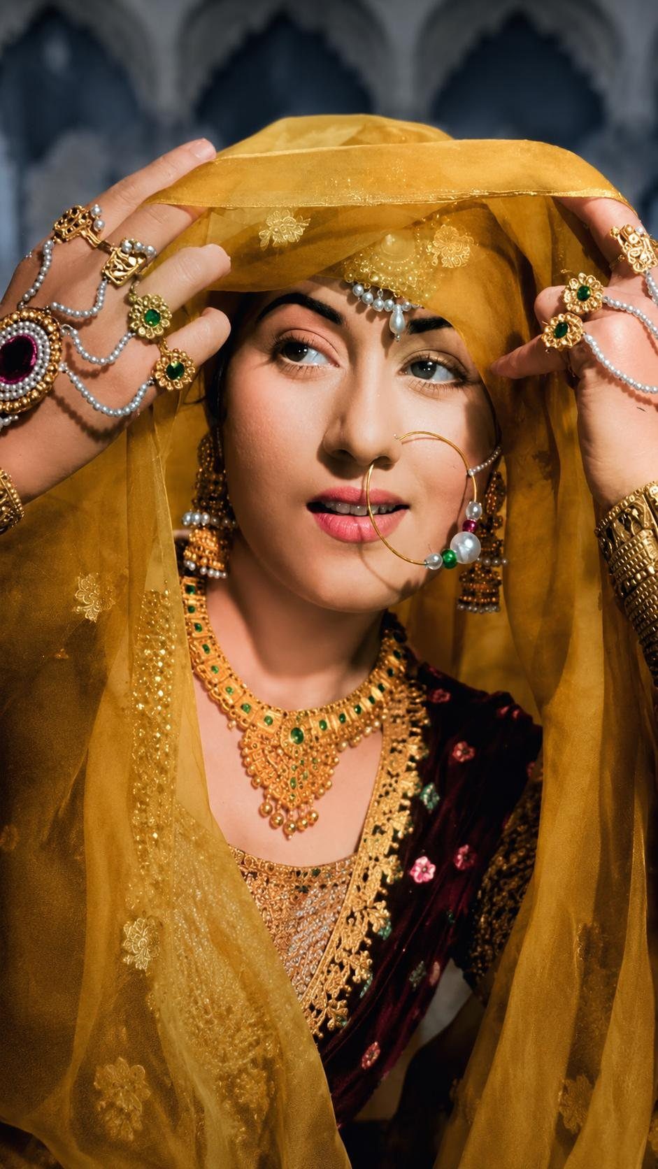 Woman in royal Mughal attire with yellow dupatta and heavy gold jewelry.