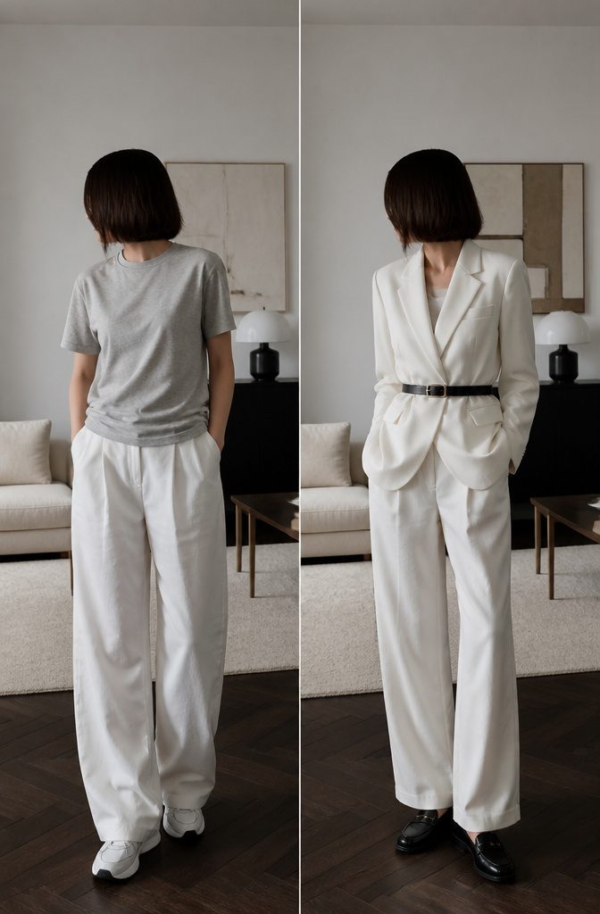 Model in a white suit with black belt and loafers.