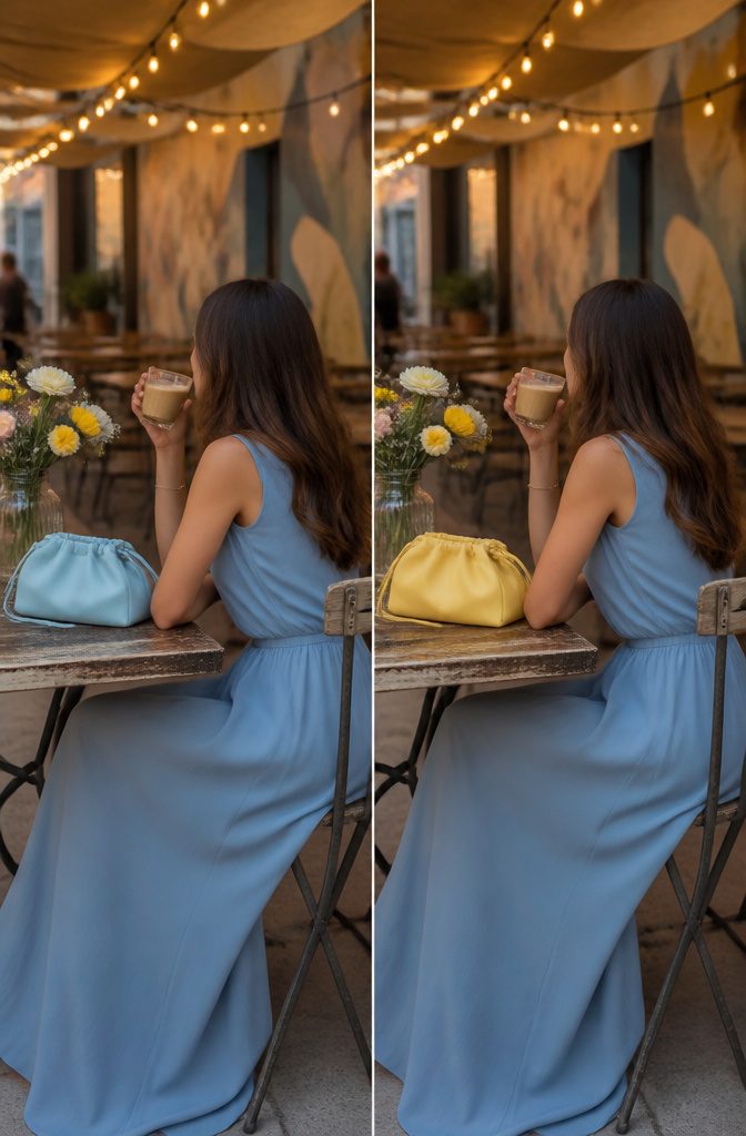 Model in soft blue with mustard yellow layered outfit.