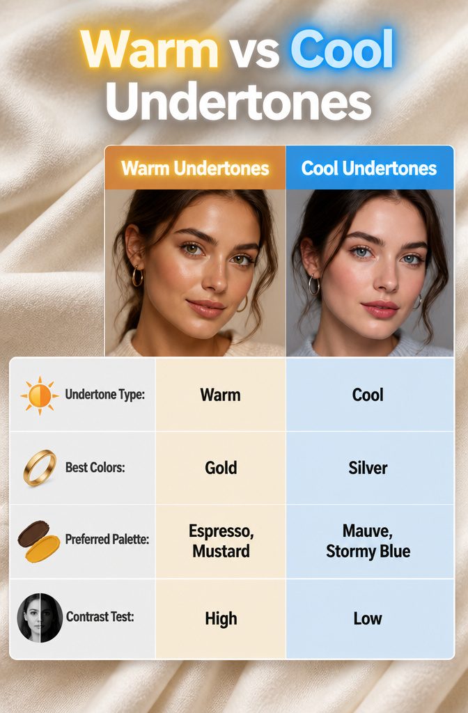 Comparison of warm and cool undertones in fashion.