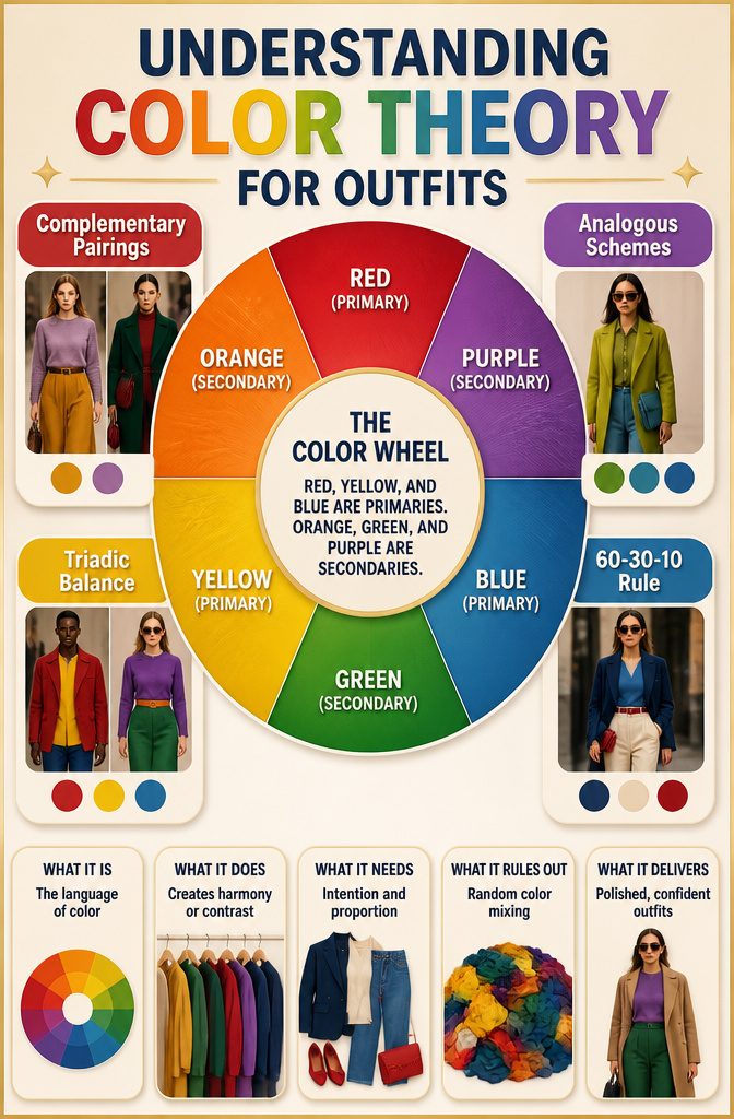 Color wheel diagram illustrating color theory for outfits.
