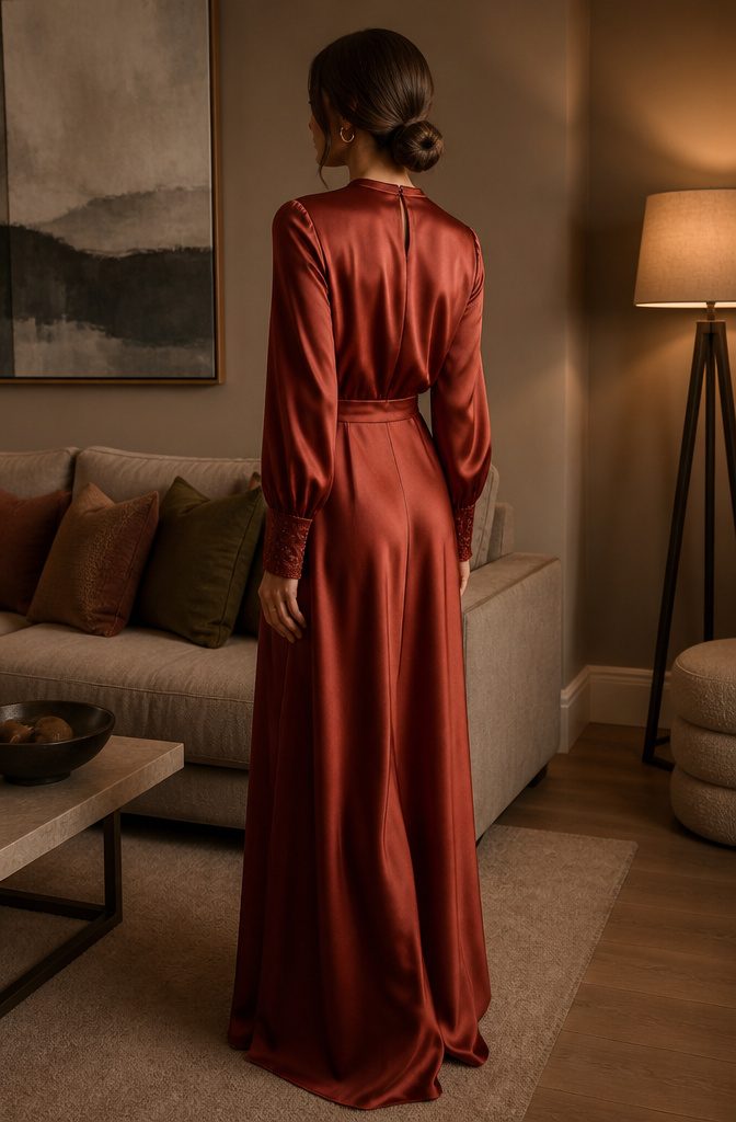 Model in a silky red dress standing in a softly lit room.