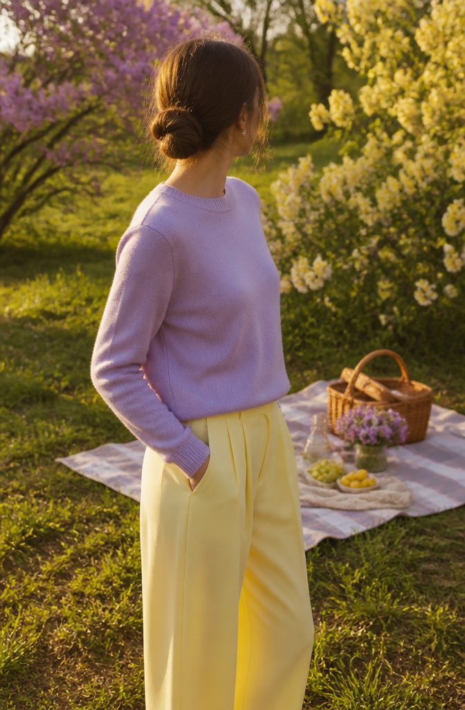 Model in lavender crewneck and yellow trousers in a park.