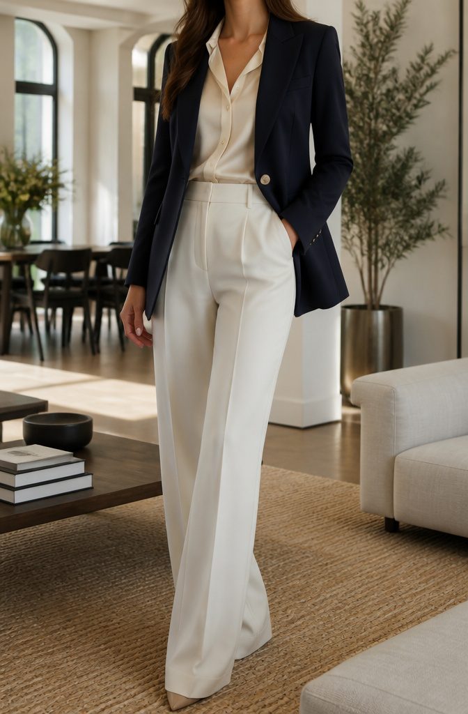 Model in navy blazer and cream blouse in a living space.