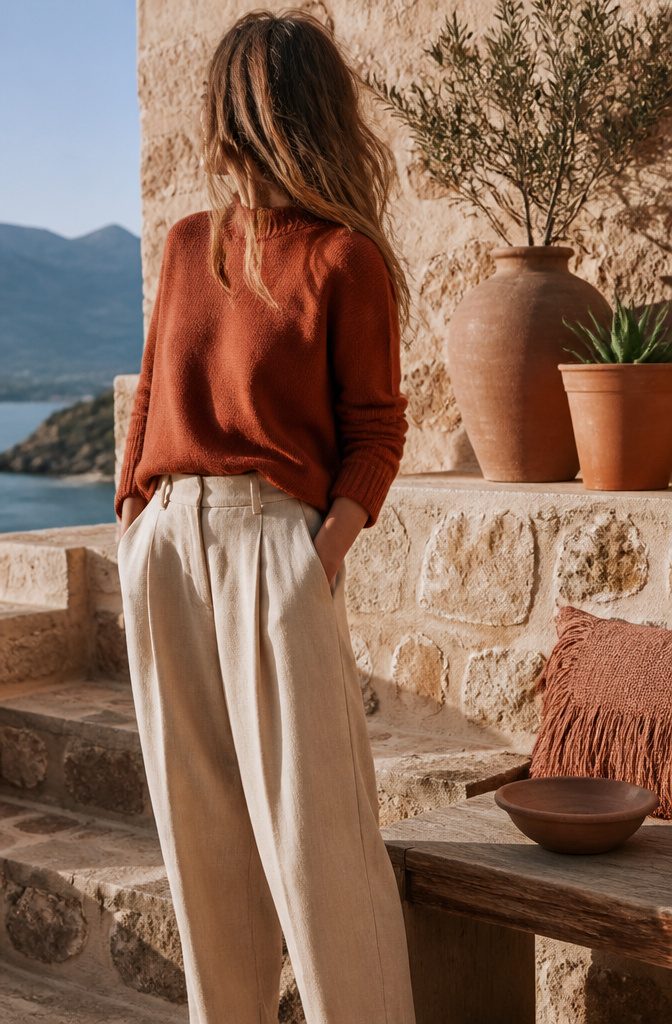 Model in terracotta sweater and stone trousers on a terrace.