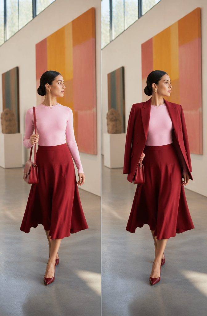 Model in pink top and red skirt posing confidently.