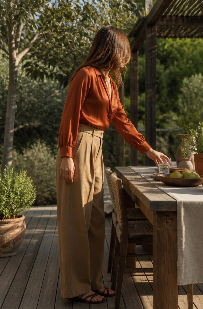 Model in rust blouse and khaki trousers on a patio.