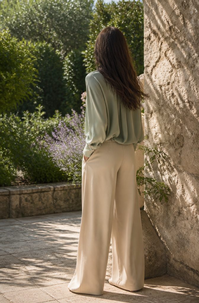 Model in a sage blouse and beige trousers in a garden.
