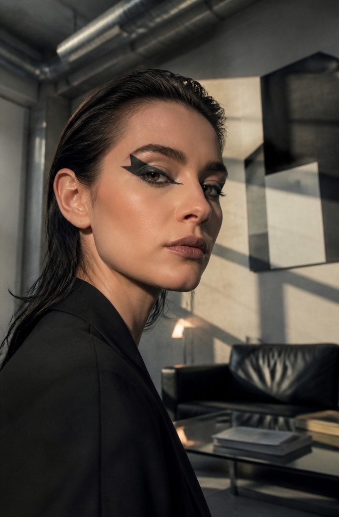 Model demonstrating geometric shapes in dark makeup.