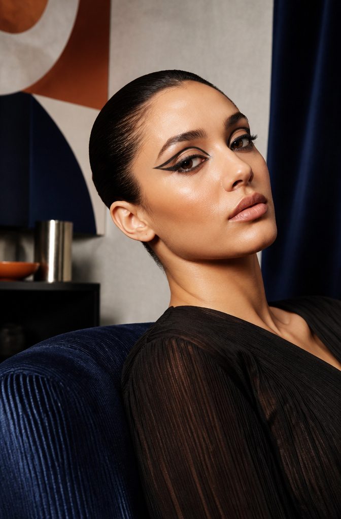 Model showcasing a precise inky cut crease makeup look.