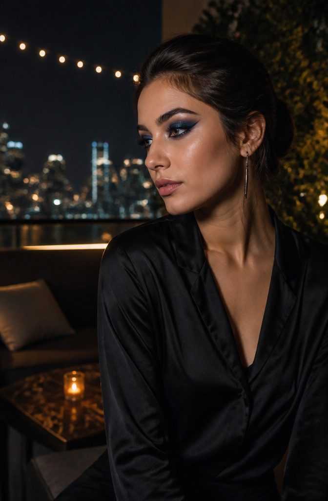 Model with a navy and black eye look featuring winged eyeliner.