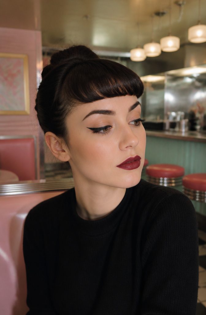 Model flaunting retro winged eyeliner in a nostalgic diner.