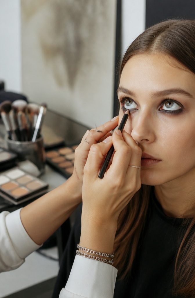 Model with smoky under-eye makeup in a studio setting.