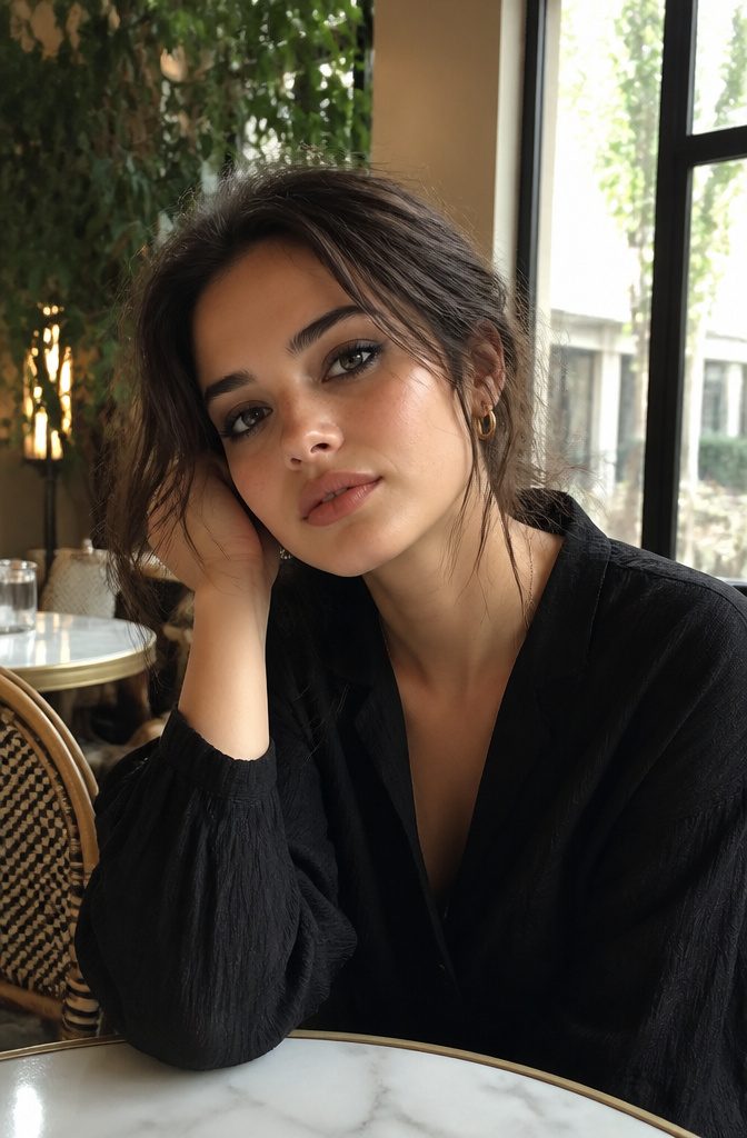 Model with a smudgey cat-eye look in a café setting.