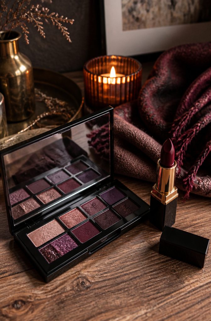 Model with sultry smoke eyes in burgundy and plum tones.