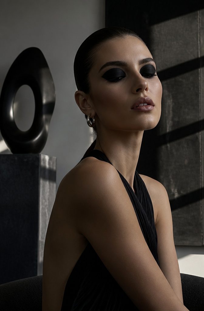 Model with total blackout makeup in deep black pigment.