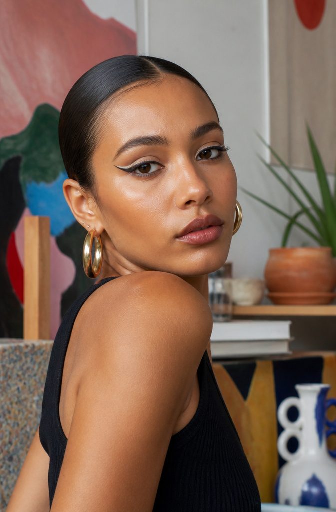 Model showcasing two-tone liner in her makeup.