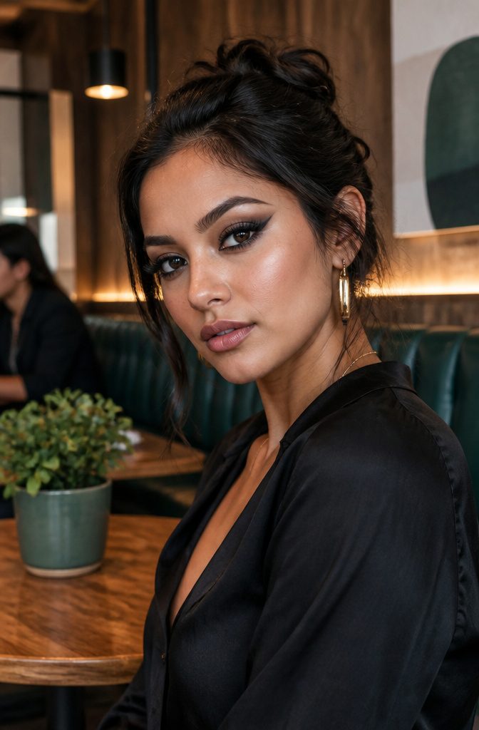 Model with a V-shaped smoky eye makeup look.