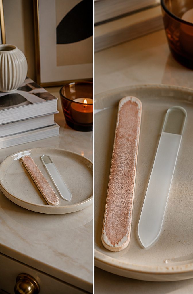 Emery Board vs Nail File: 7 Differences in Material, Durability & Grit (2026) 4 A glass file and an emery board on a bathroom counter.