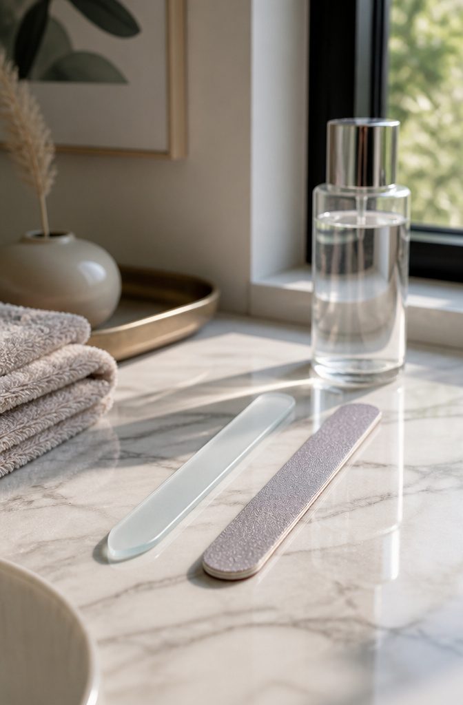 Emery Board vs Nail File: 7 Differences in Material, Durability & Grit (2026) 12 An emery board and glass file on a bathroom countertop with cleaning supplies.