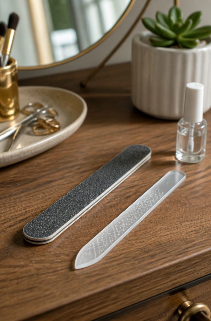 Emery Board vs Nail File: 7 Differences in Material, Durability & Grit (2026) 3 Close-up of an emery board and a crystal nail file on a vanity.