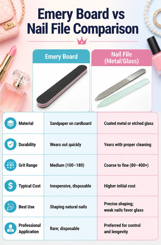 Emery Board vs Nail File: 7 Differences in Material, Durability & Grit (2026) 9 Comparison chart of emery boards and nail files.