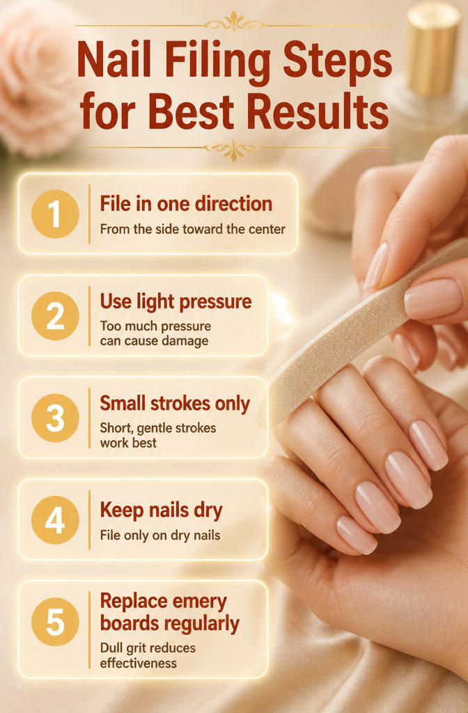Emery Board vs Nail File: 7 Differences in Material, Durability & Grit (2026) 7 An image titled 'Nail Filing Steps for Best Results' featuring filing techniques.