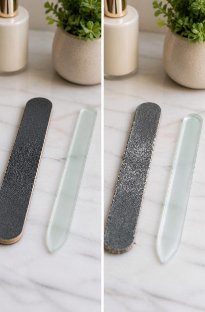 Emery Board vs Nail File: 7 Differences in Material, Durability & Grit (2026) 2 Close-up of an emery board and a nail file on a wooden surface.