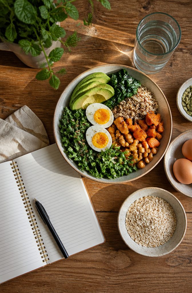 Guide to Thin Hair: Care, Styling and Volume for Fine Strands 13 A balanced plate of food representing diet for healthy hair.