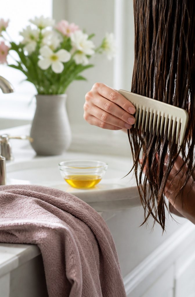 Guide to Thin Hair: Care, Styling and Volume for Fine Strands 4 A wide-toothed comb gliding through wet hair in a bright bathroom.