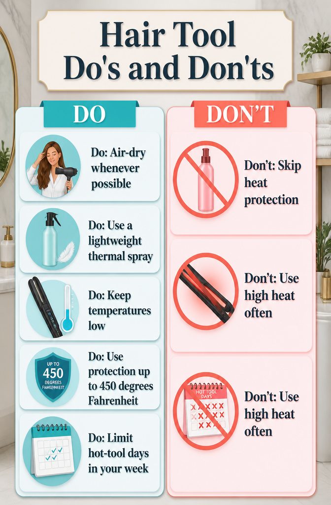 Guide to Thin Hair: Care, Styling and Volume for Fine Strands 14 An illustration showing do's and don'ts for using hair tools.