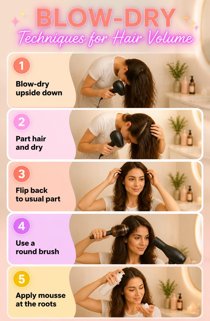 Guide to Thin Hair: Care, Styling and Volume for Fine Strands 8 An illustration of blow-dry techniques for adding volume to hair.